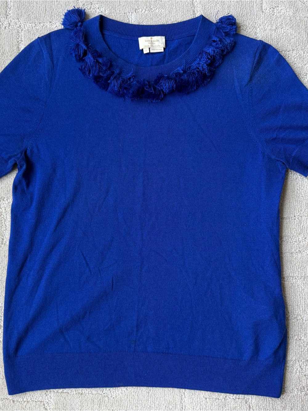 kate Spade Fringe Crew Neck Sweater Short Sleeve Tassel Trim Cashmere/Silk